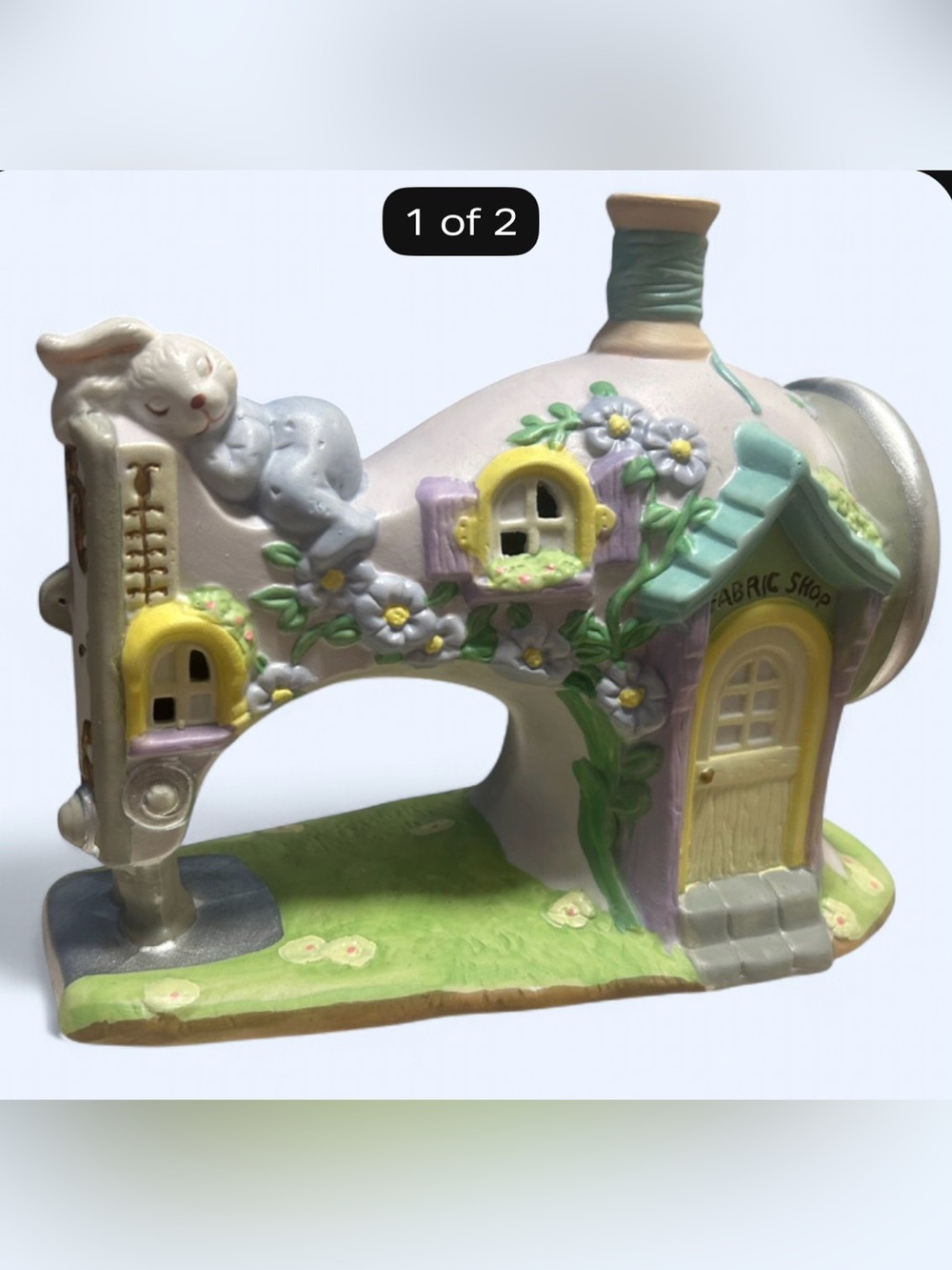Vintage Pastel Rabbit Sewing Machine Figurine - Home Art Decor